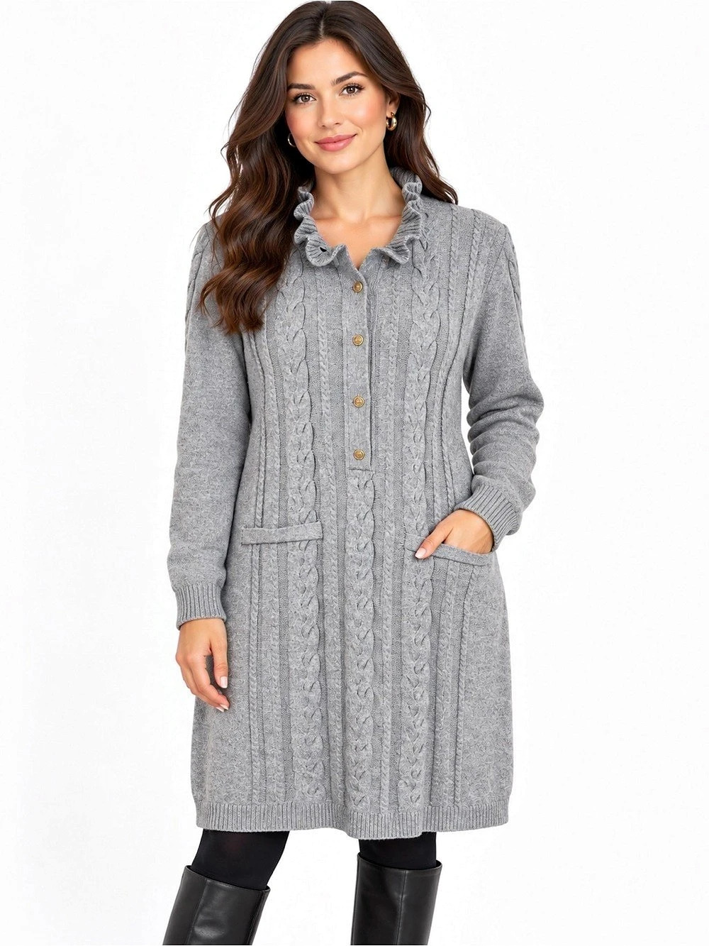 Talbots Womens M Gray Cable Knit Long Cardigan Sweater Gold Buttons